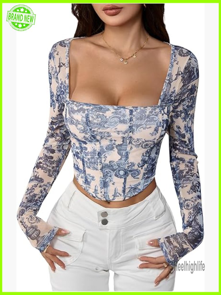 Long Sleeve Corset Top Graphic Square Neck Fall Retro Crop Top